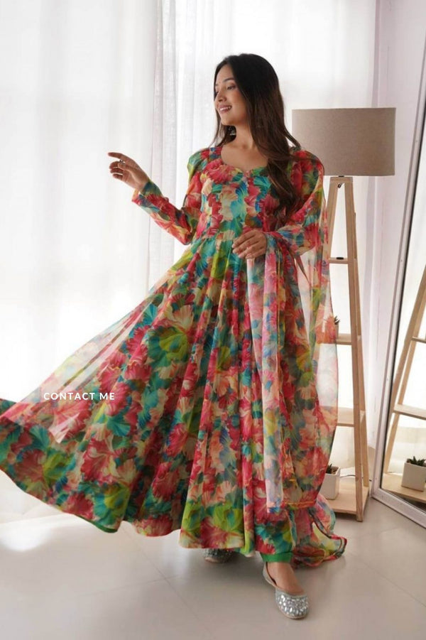 Multi Color Faux Georgette Printed Gown