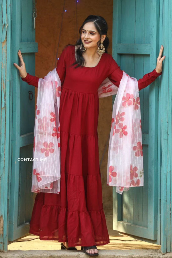 Maroon Color Plain Gown With contrace matchin dupatta