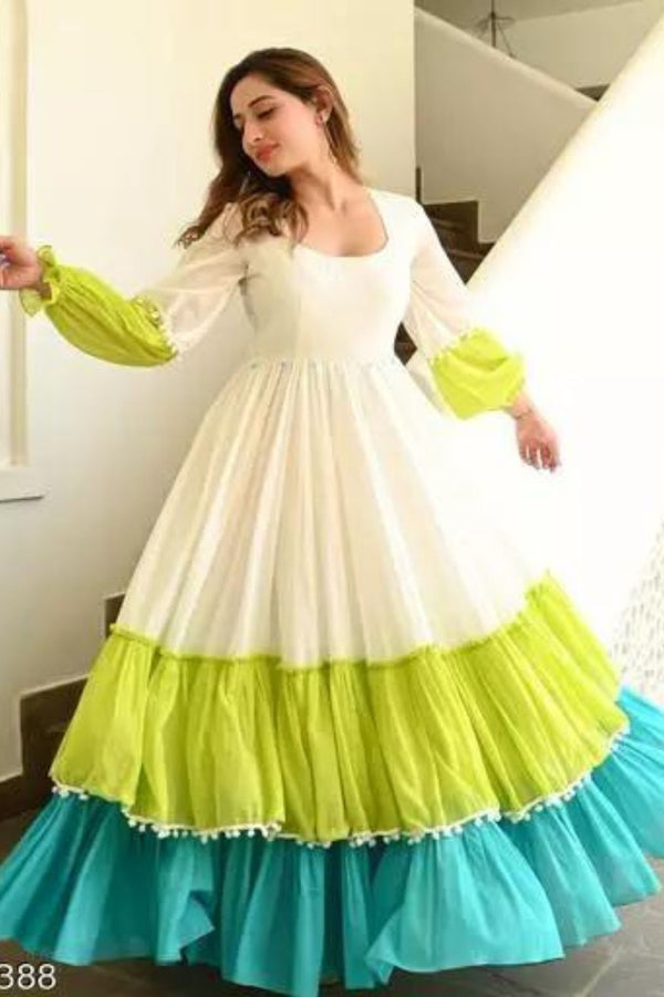 White And Green Color Anarkali Gown