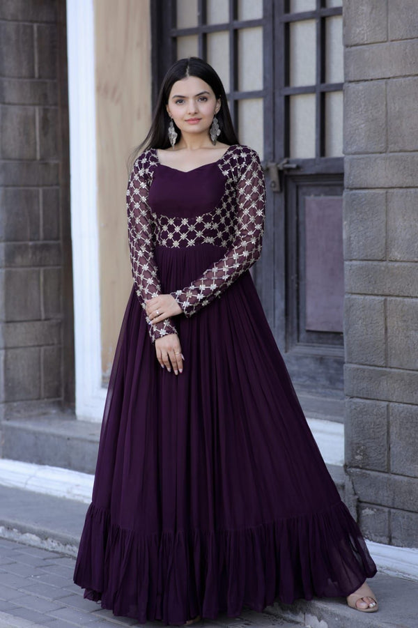 Classic Designer Wine Color Embroidery Gown