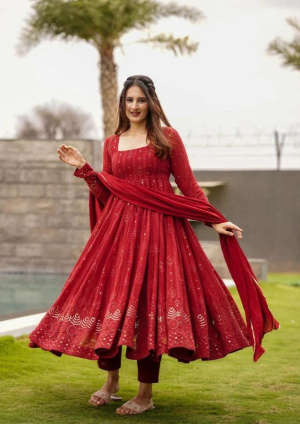 Red Party wear Embroidered Anarkali Kurta Set