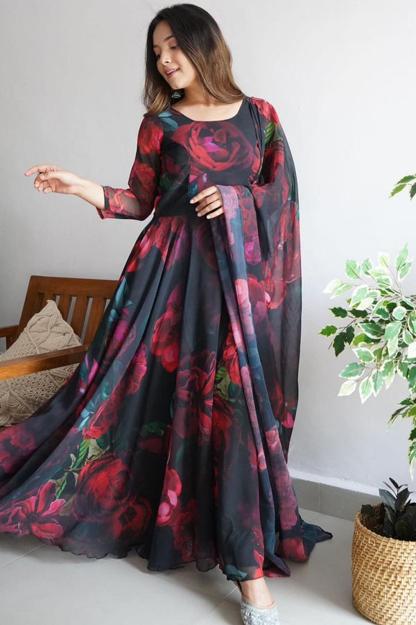 BLACK COLOR FLORAL ALLOVER PRINT ANARKALI GOWN