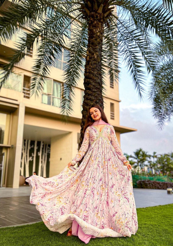 Aliya Cut Desinger Printed Gown With Matching Dupatta