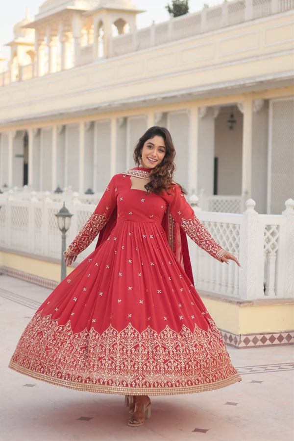 Orange_Red Color Designer Embroidered Georgette Gown