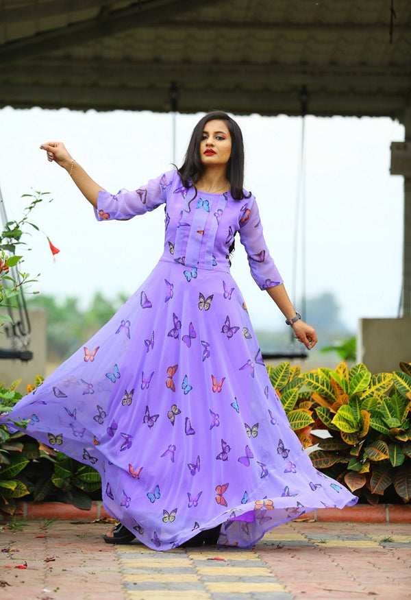 Amazing Purple Colored Party Wear Digital Printed Anarkali Style Gown