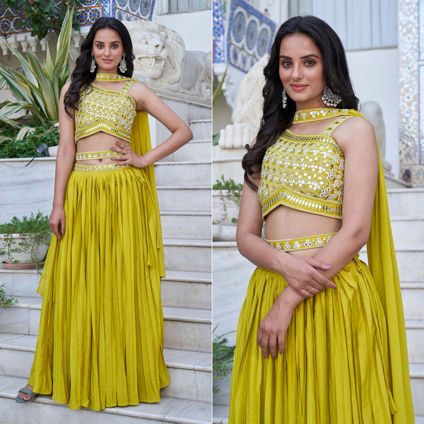 Lemon Green Embroidered Chiffon Plated Lehenga Choli