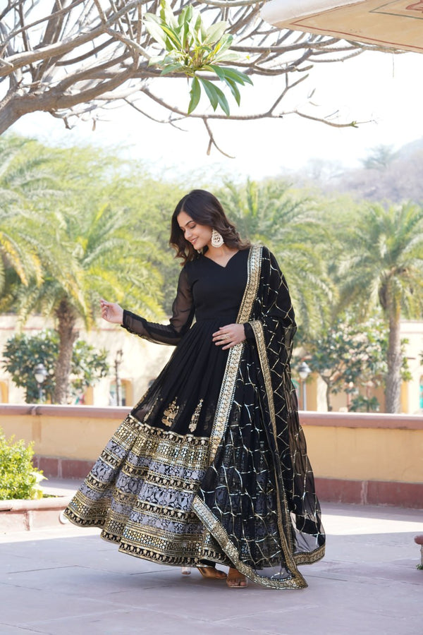 Graceful V-Neck Faux Blooming Gown with Dupatta With Attractive Jari and Thread Embroidered Sequins work with Lace Border.