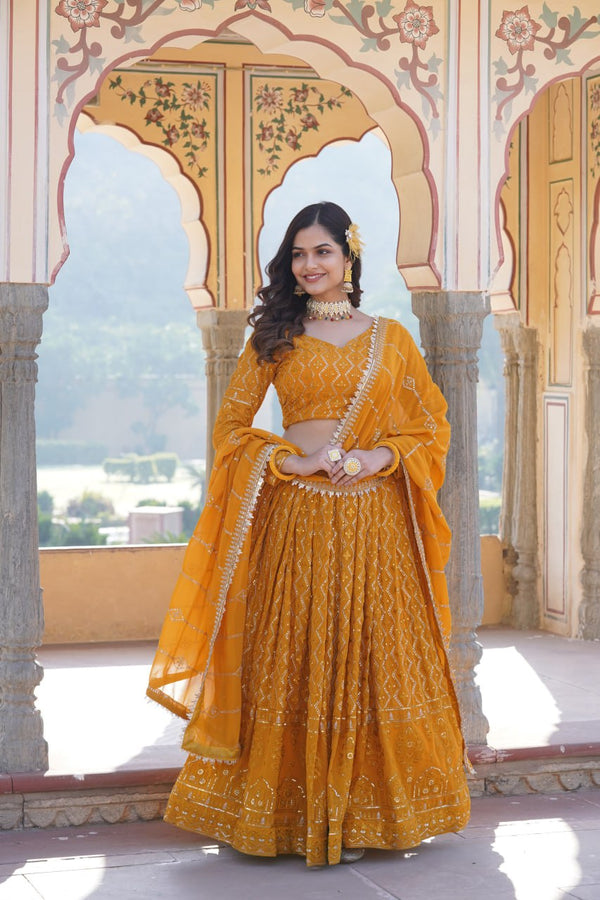 Faux Georgette With Sequins & Thread Embroidered work Lehenga Choli with Dupatta for women who are accepting the Current Seasonal and traditional wear collections to their wardrobe.