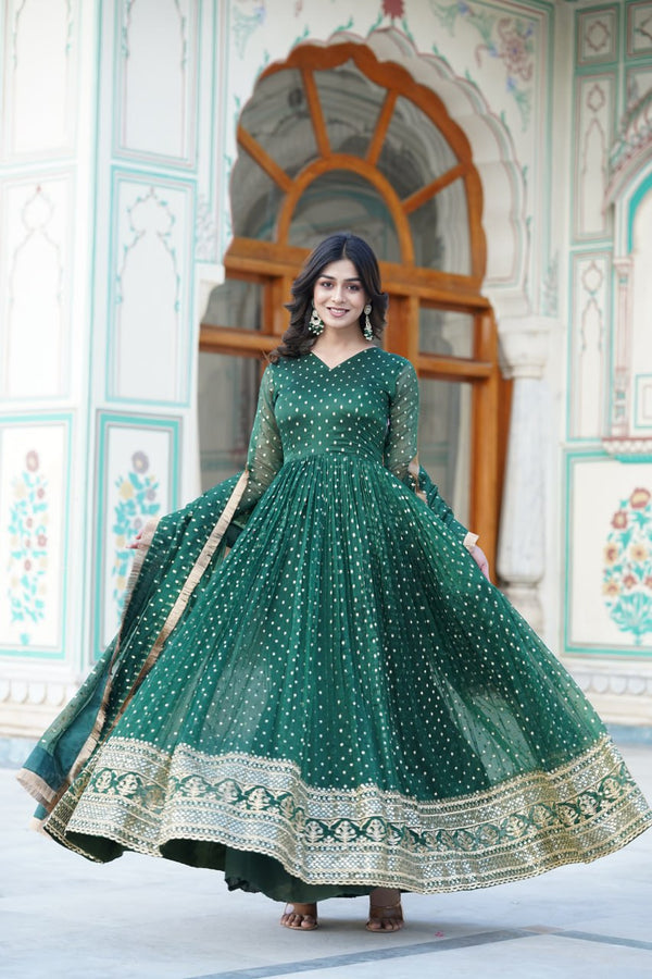 PREMIUM GREEN COLORED READYMADE GOWN WITH DUPATTA SET