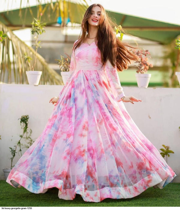 Rose Pink Digital Printed Georgette Anarkali  Gown